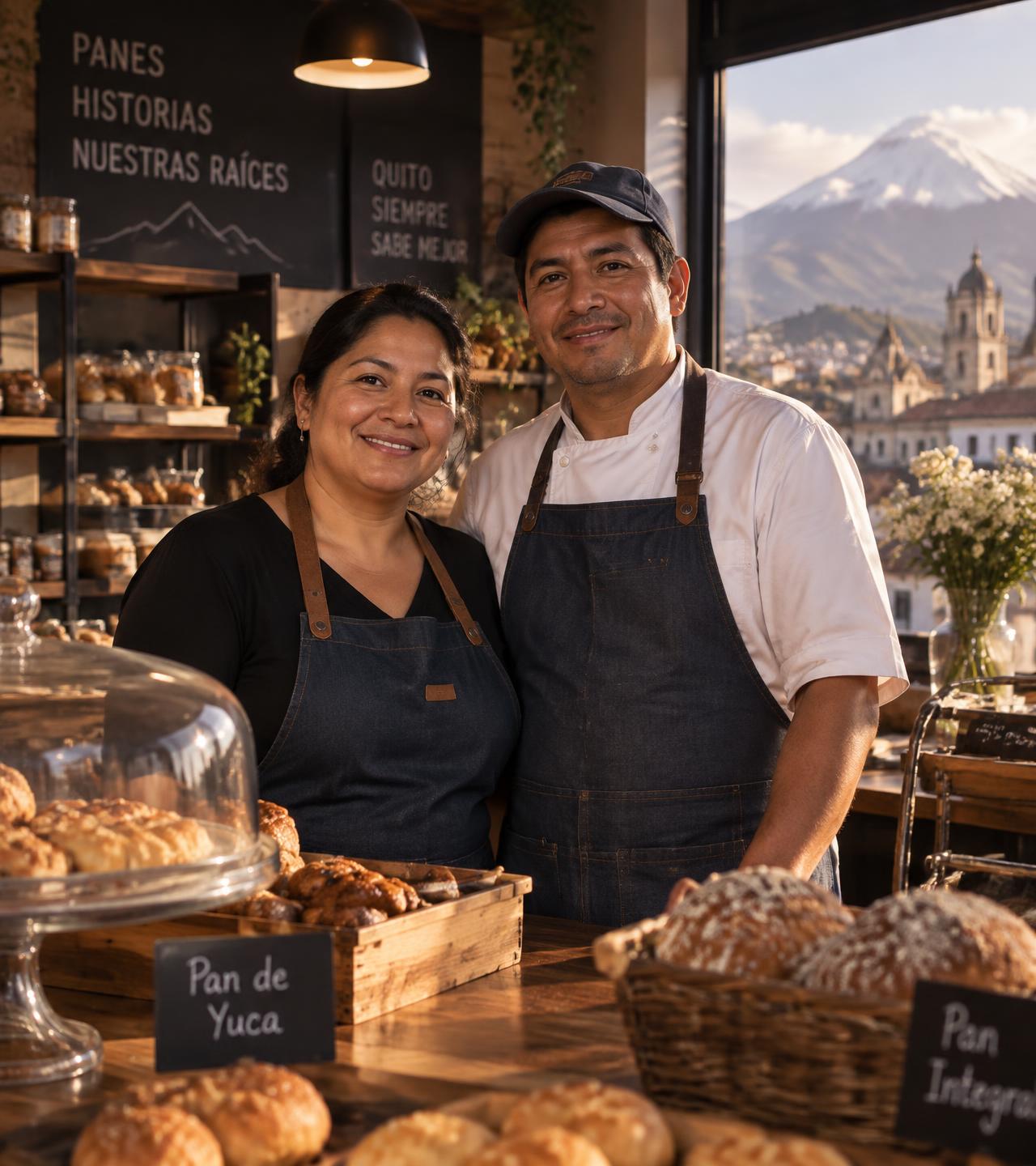 Emprendedores ecuatorianos en su panadería en Quito